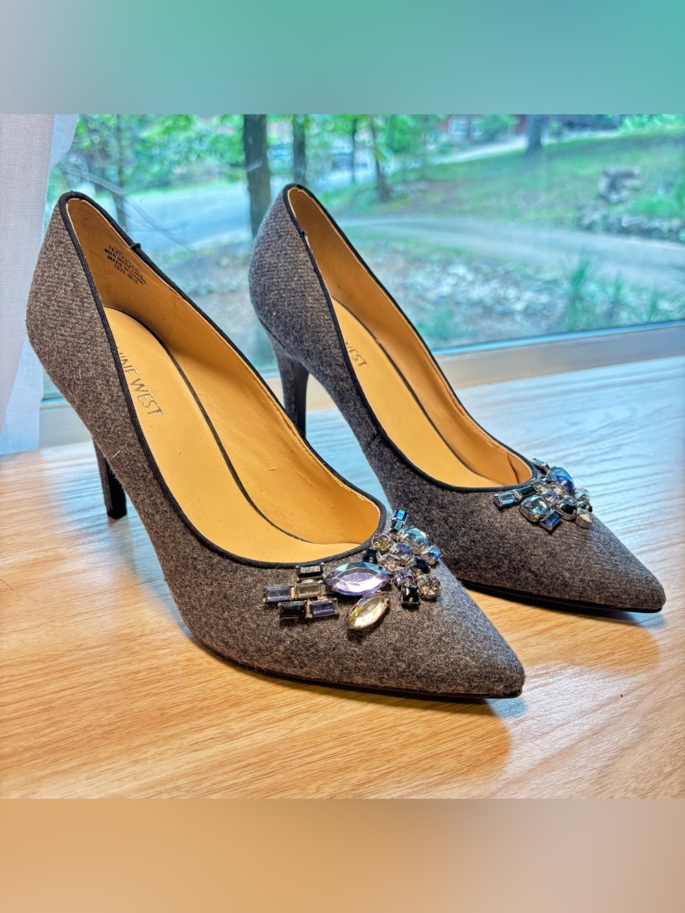 Nine West Gray Wool Pointed-Toe Pumps with Jeweled Accents